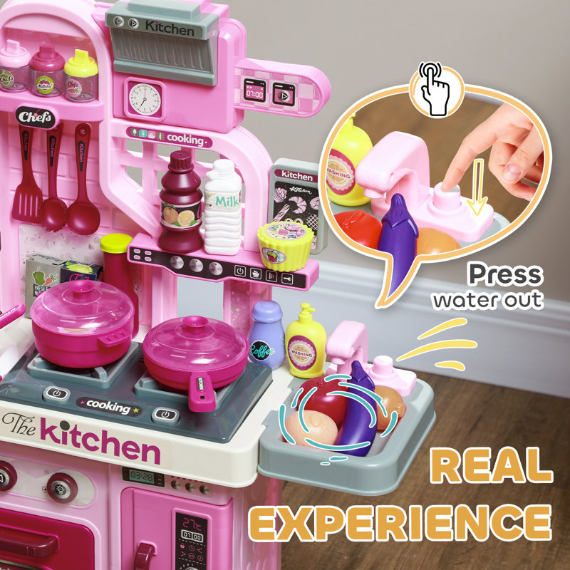 Qaba Play Kitchen Kids Kitchen Playset Toy Kitchen with Lights Sounds 33 Accessories Storage Interactive Playset for Toddler 3 6 Years Pink Wayfair